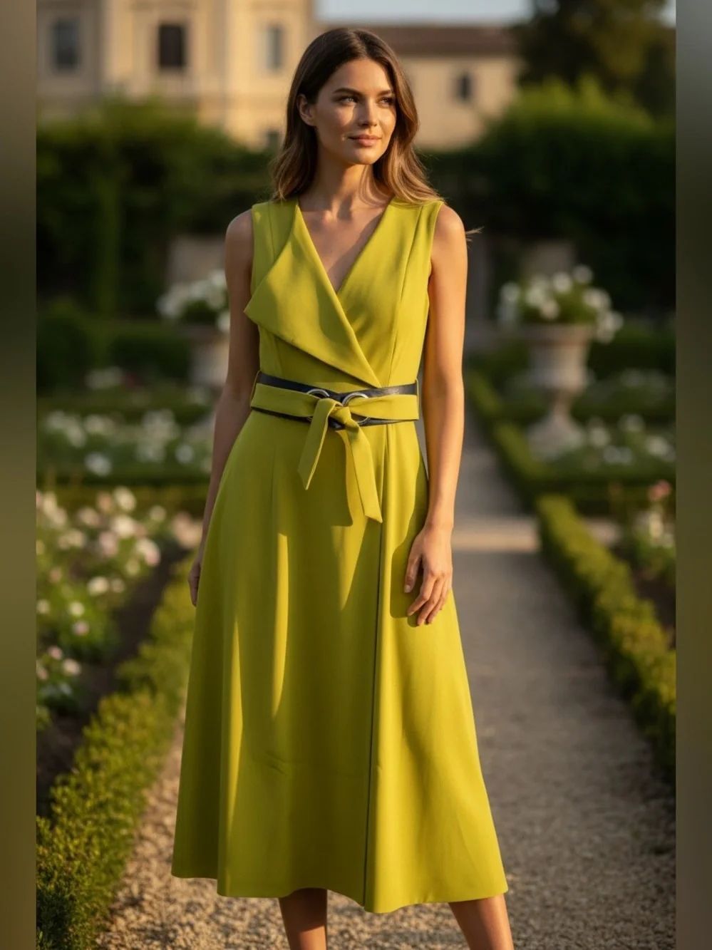 NEW Gracia Women's Green Pockets Sleeveless Belted Long  Dress Size L
